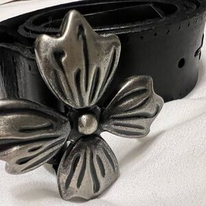 Black Leather Belt with Silver Floral Buckle